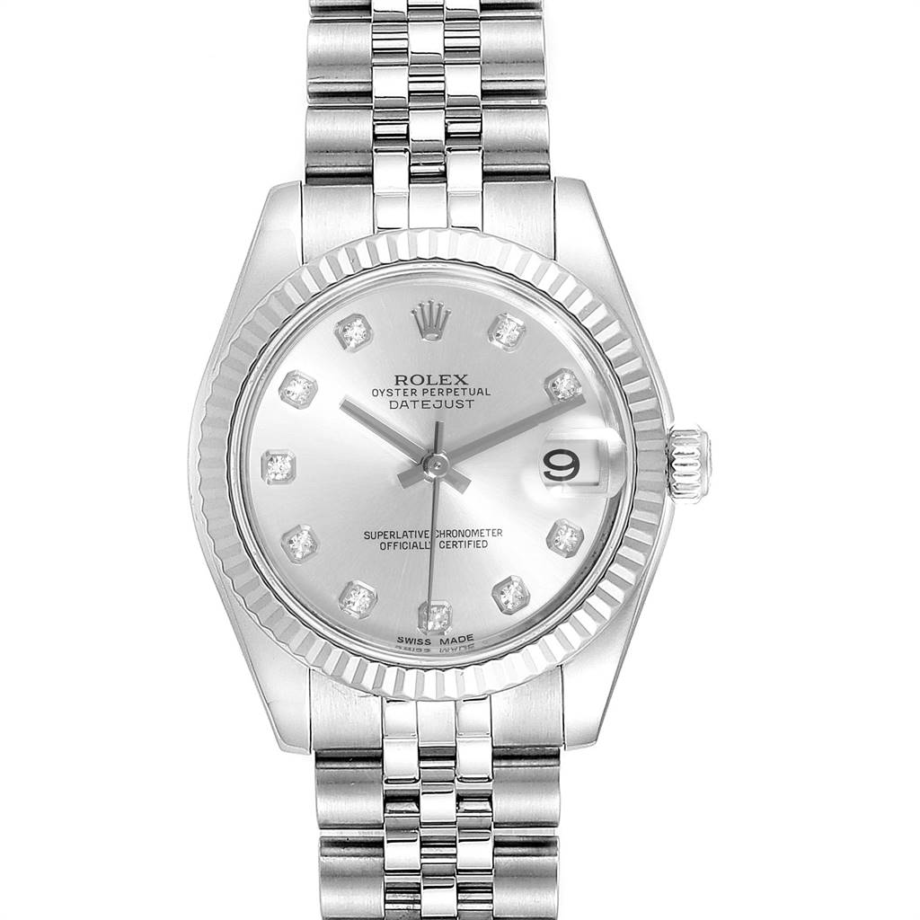 This image shows a front view of the Rolex Mid-Size 178274 Women's Stainless Steel Silver Dial 178274 Women's Stainless Steel Silver Dial Datejust watch, featuring its face, bezel, dial, hands, and bracelet.
