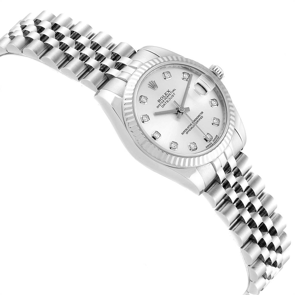 The image shows a Rolex Mid-Size 178274 Women's Stainless Steel Silver Dial 178274 Women's Stainless Steel Silver Dial watch from a top angled view, highlighting its face, bezel, and part of the bracelet.