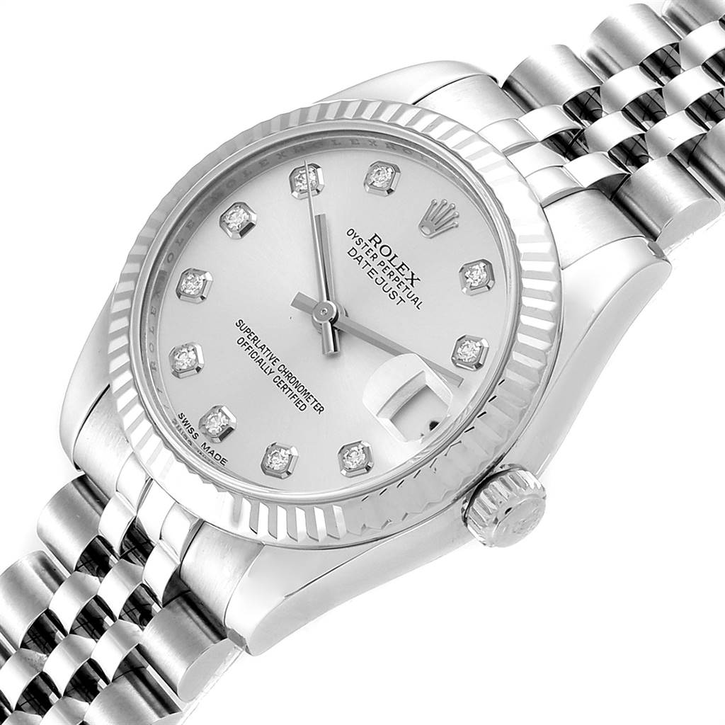This image shows a Rolex Mid-Size 178274 Women's Stainless Steel Silver Dial 178274 Women's Stainless Steel Silver Dial Datejust watch from a slightly tilted angle, highlighting the face, bezel, and bracelet.