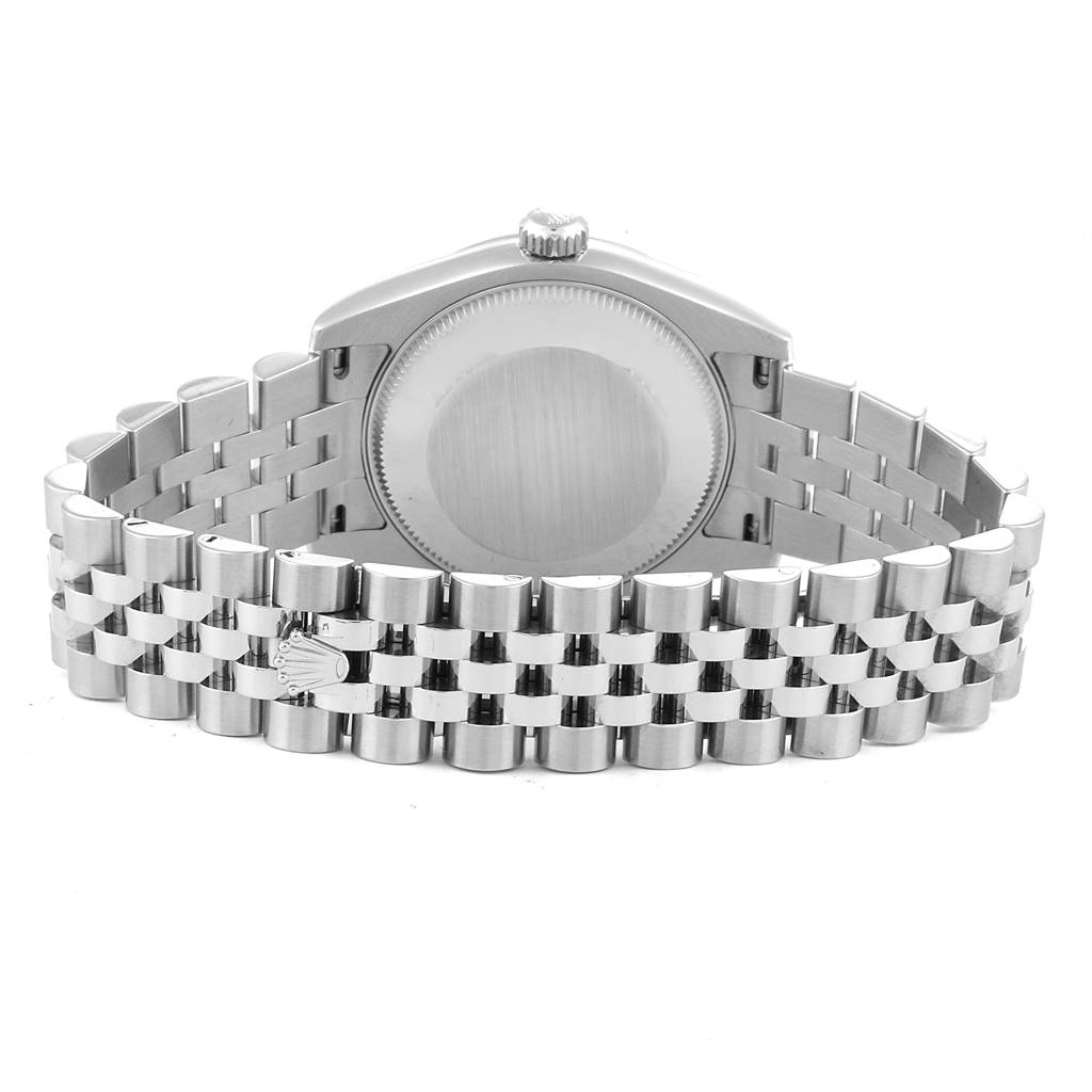 This image shows the rear angle of a Mid-Size Rolex watch, displaying the case back and bracelet.