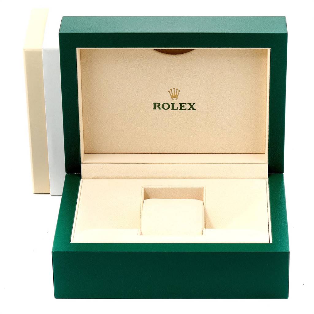 The image shows an open green and beige Rolex Mid-Size 178274 Women's Stainless Steel Silver Dial 178274 Women's Stainless Steel Silver Dial watch box viewed from the front.