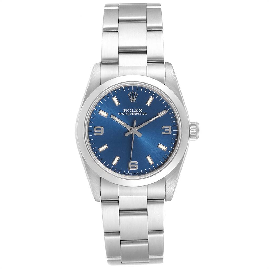 The image shows a front view of a Rolex Oyster Perpetual Mid-Size watch with a blue dial and stainless steel bracelet.