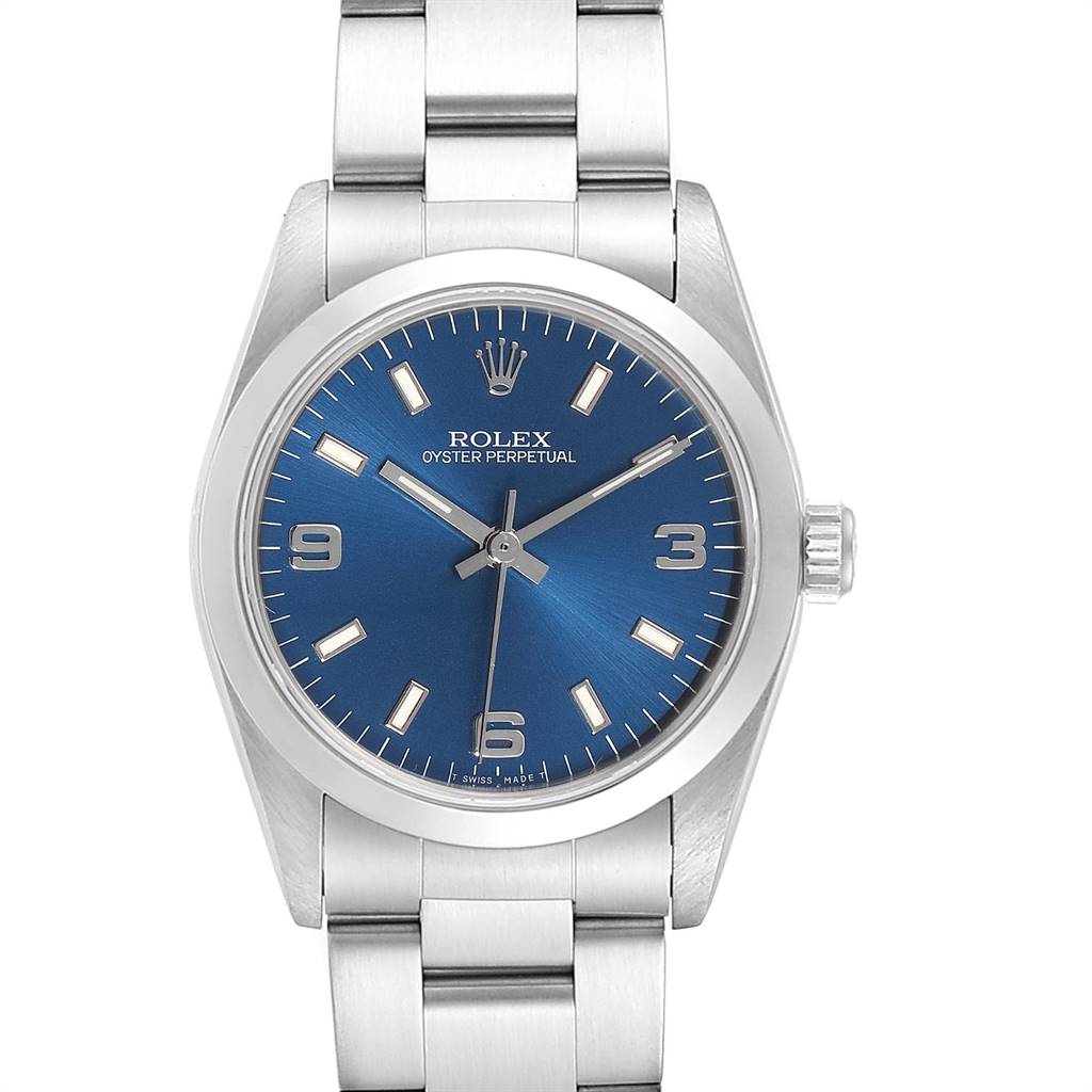 This image shows a front view of a Rolex Oyster Perpetual Mid-Size watch with a blue dial and silver bracelet.