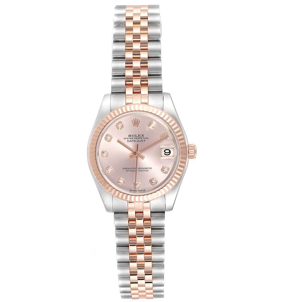 This image shows a Rolex Oyster Perpetual Datejust Mid-Size watch, displaying its face, bezel, and two-tone bracelet.