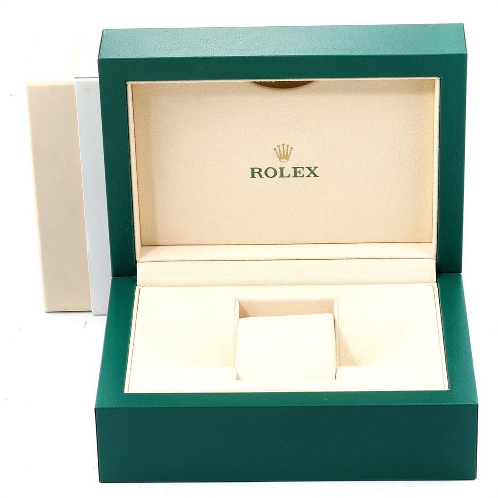 The image shows an open green and beige Rolex box for a Mid-Size model watch.