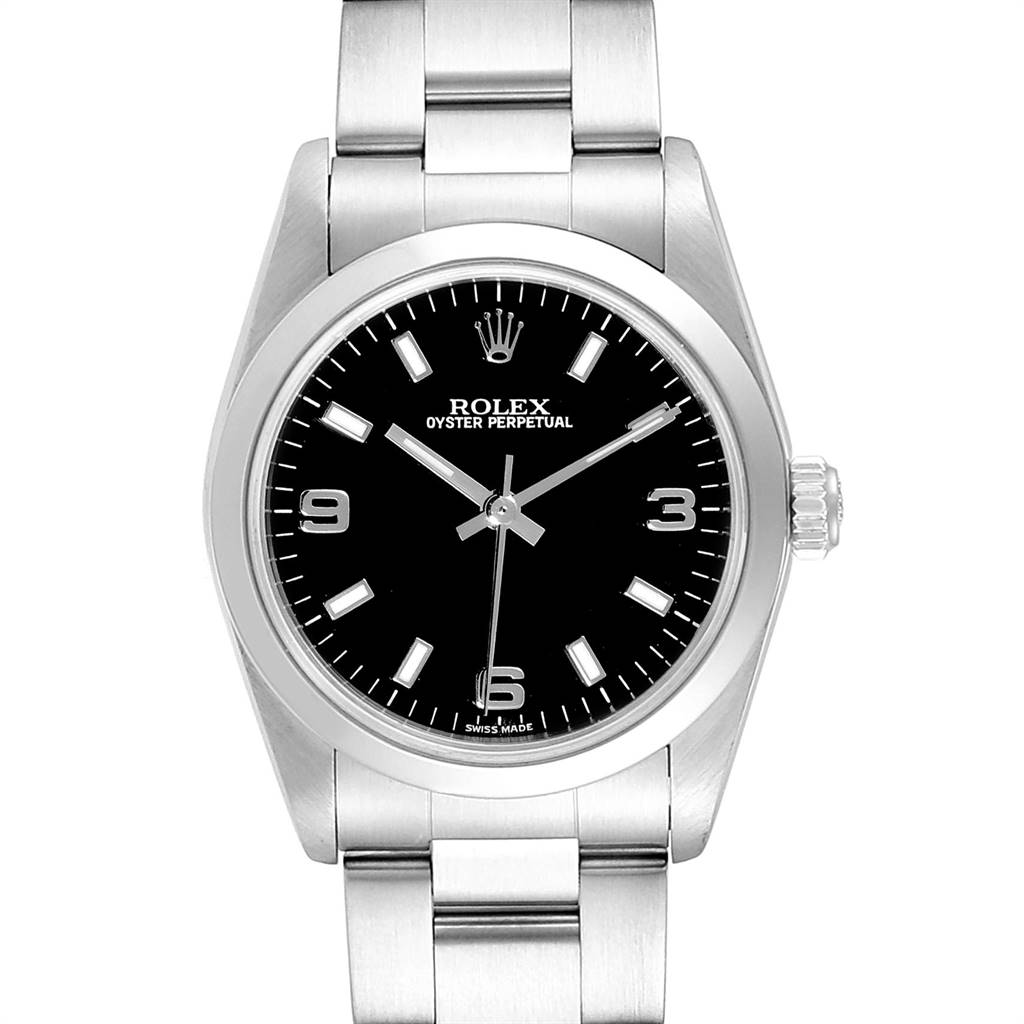 This is a front view of a Rolex Oyster Perpetual Mid-Size watch, showing the dial, bezel, and bracelet.
