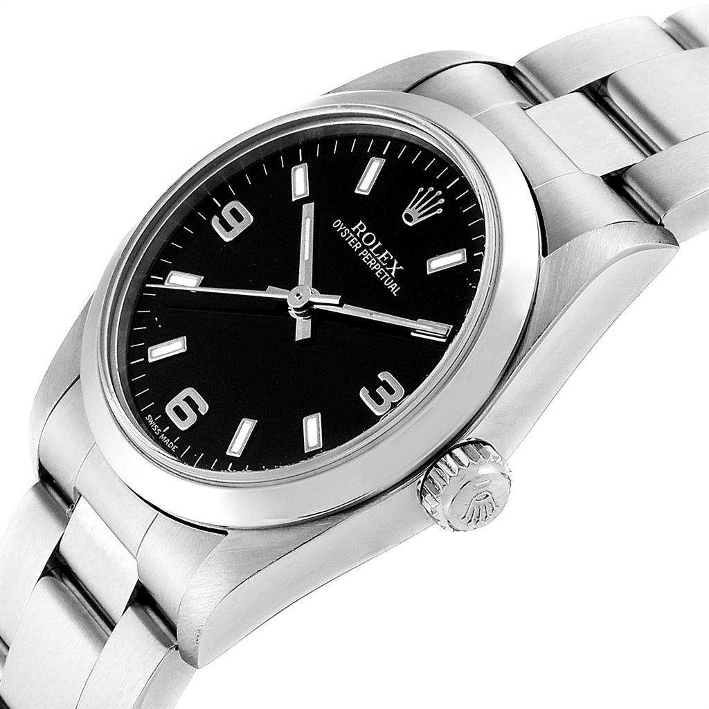 This image shows a Rolex Oyster Perpetual Mid-Size watch at a slight angled view, displaying the face, bezel, and part of the bracelet.