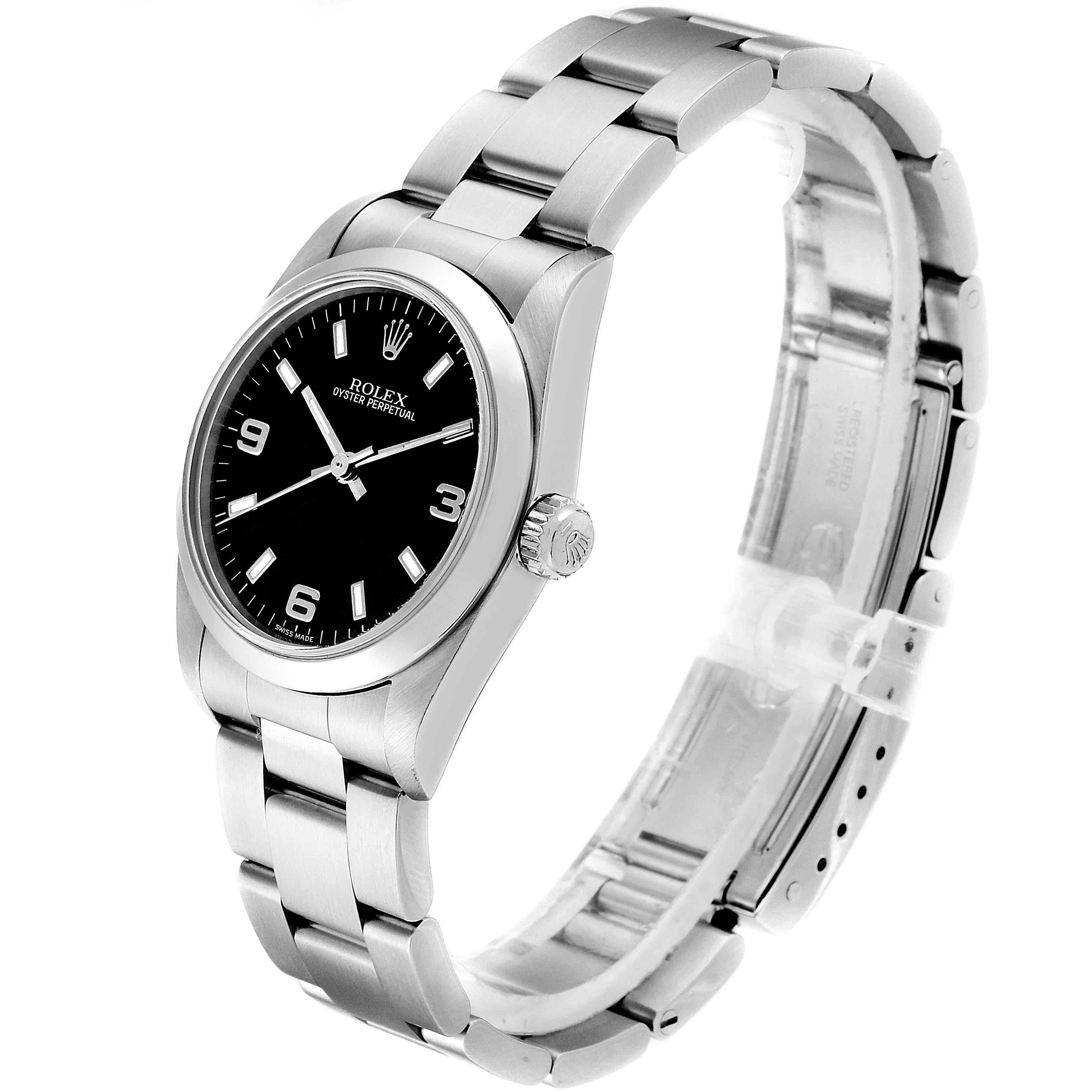 The Rolex Mid-Size 77080 Women's Stainless Steel Black Dial 77080 Women's Stainless Steel Black Dial watch is shown at an angle displaying the black dial, crown, and full silver bracelet.