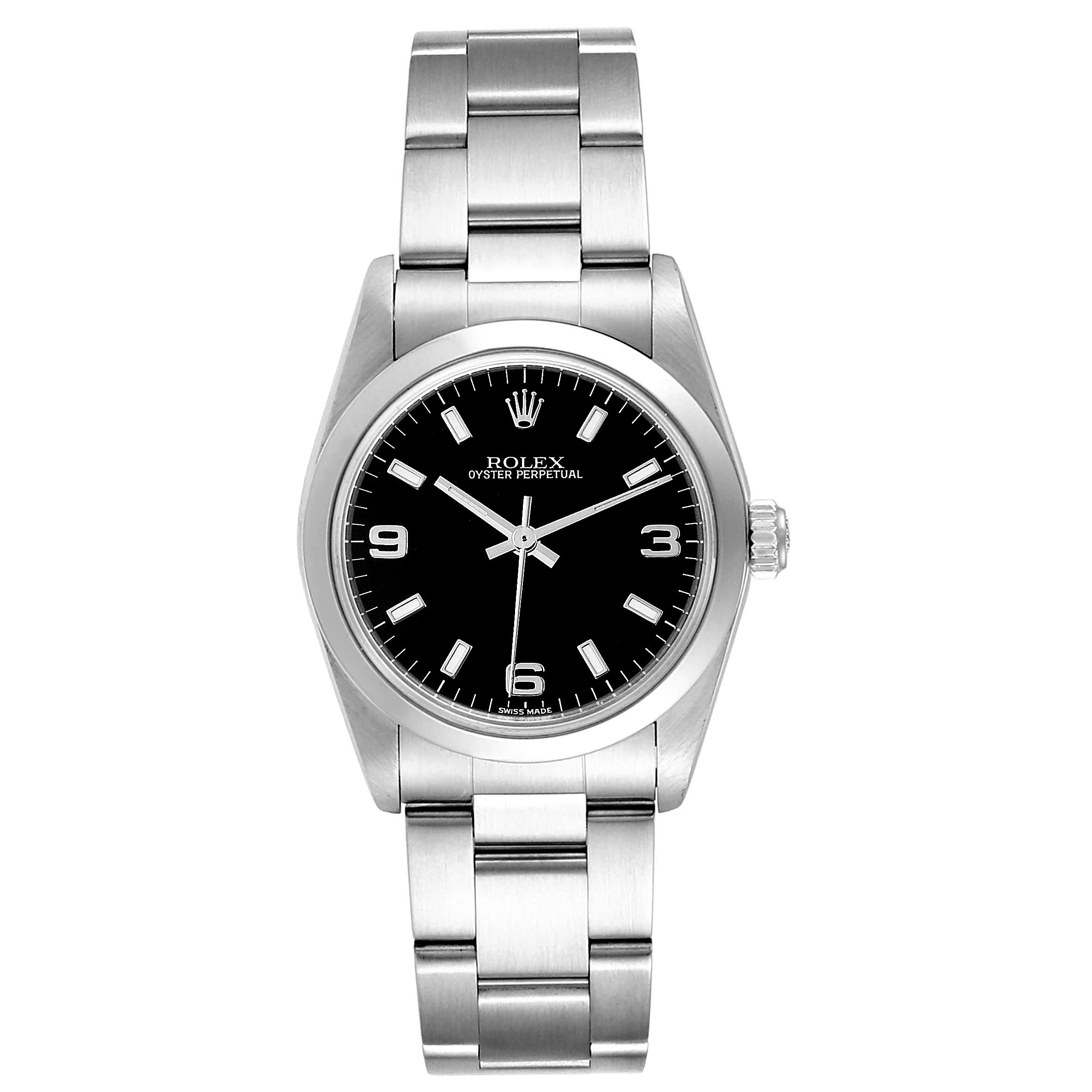 This image shows the front view of the Rolex Mid-Size 77080 Women's Stainless Steel Black Dial 77080 Women's Stainless Steel Black Dial Oyster Perpetual model, displaying the watch face, bezel, and bracelet.