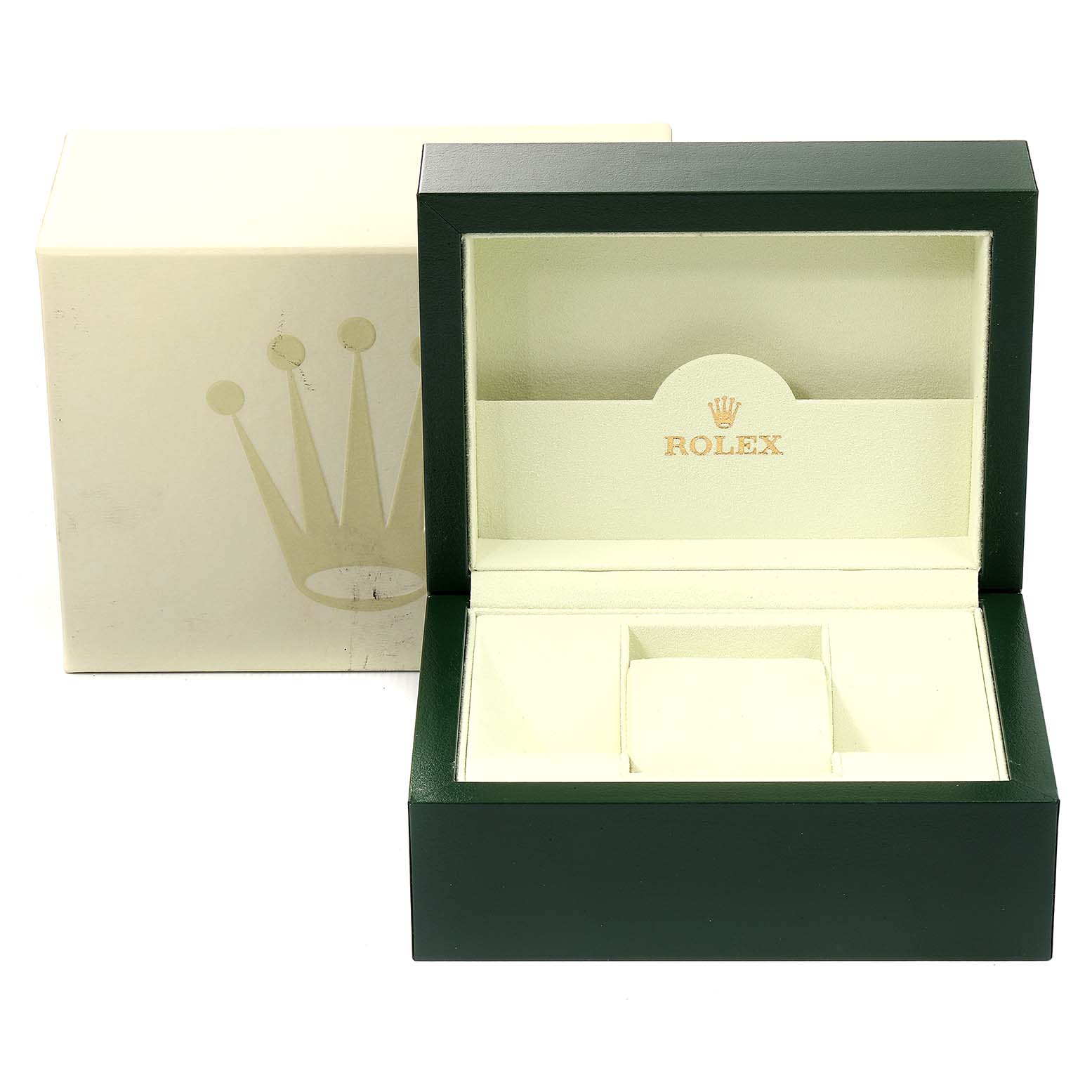 The image shows an open Rolex watch box and outer packaging, angled to display the interior and exterior branding.