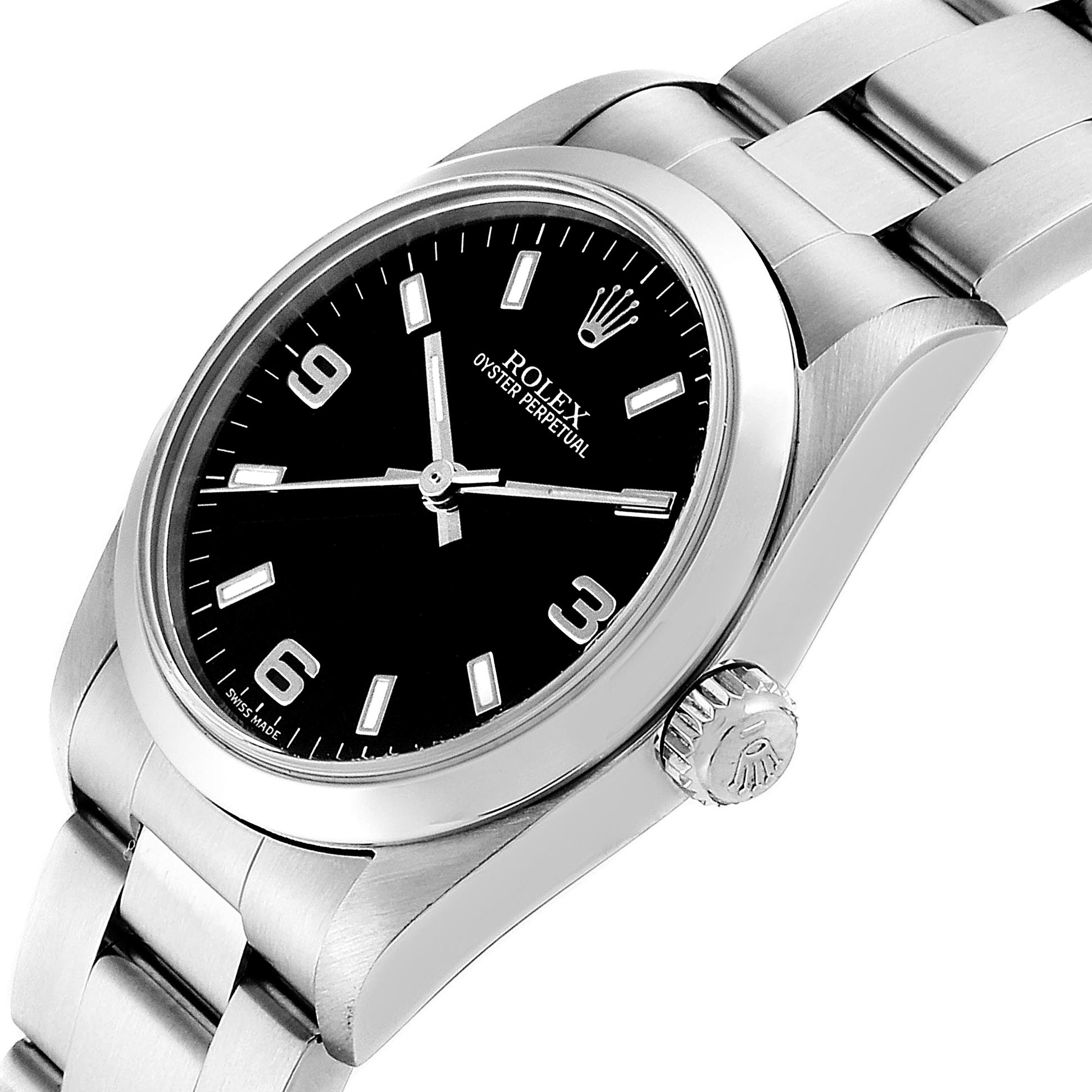 The image shows a side view of a Mid-Size Rolex Oyster Perpetual watch, highlighting the dial, crown, and bracelet.