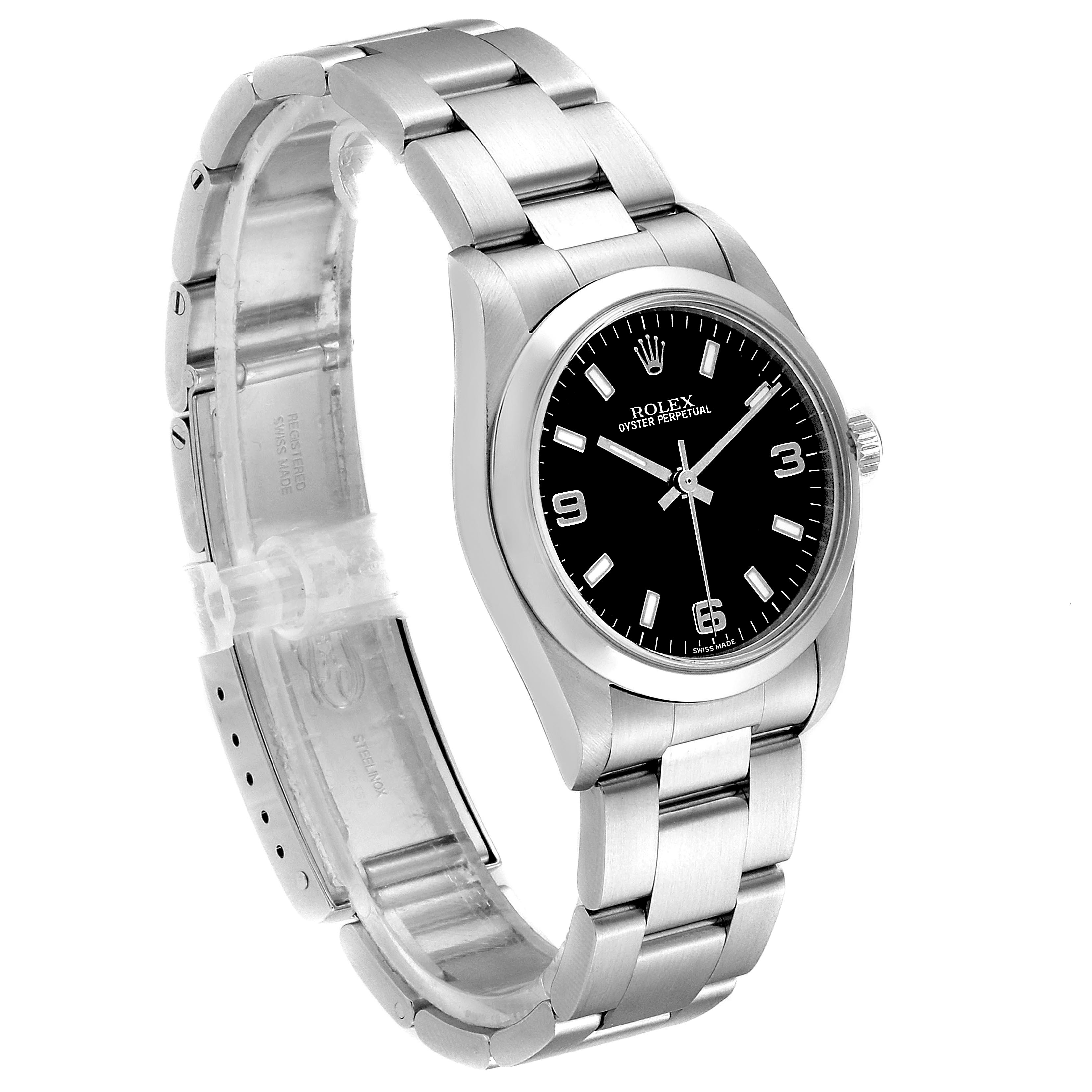 This image shows a side angle of a Rolex Mid-Size 77080 Women's Stainless Steel Black Dial 77080 Women's Stainless Steel Black Dial Oyster Perpetual watch, highlighting its bracelet, case, and dial.