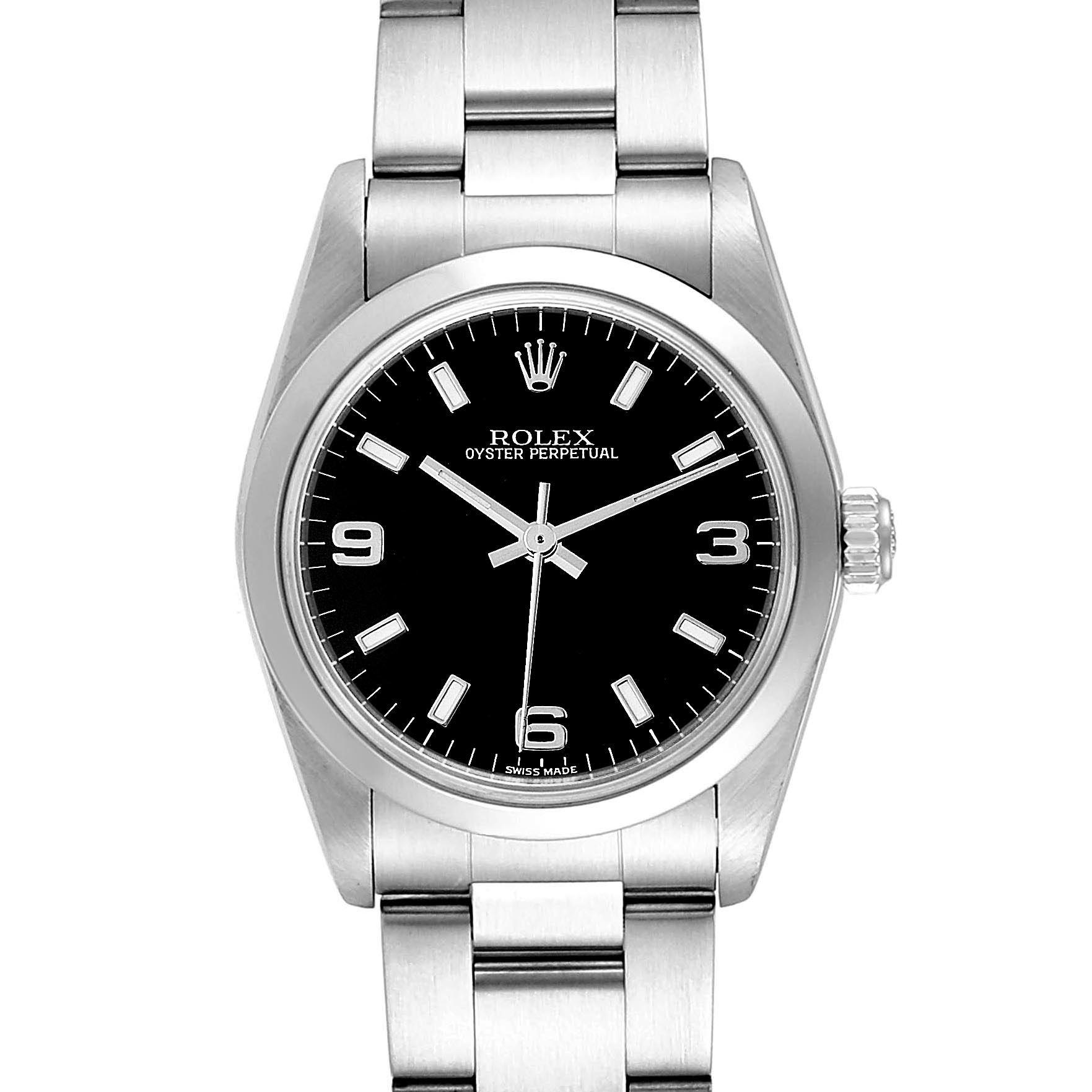 The image shows a front view of a Rolex Oyster Perpetual Mid-Size watch, displaying its dial, case, and bracelet.