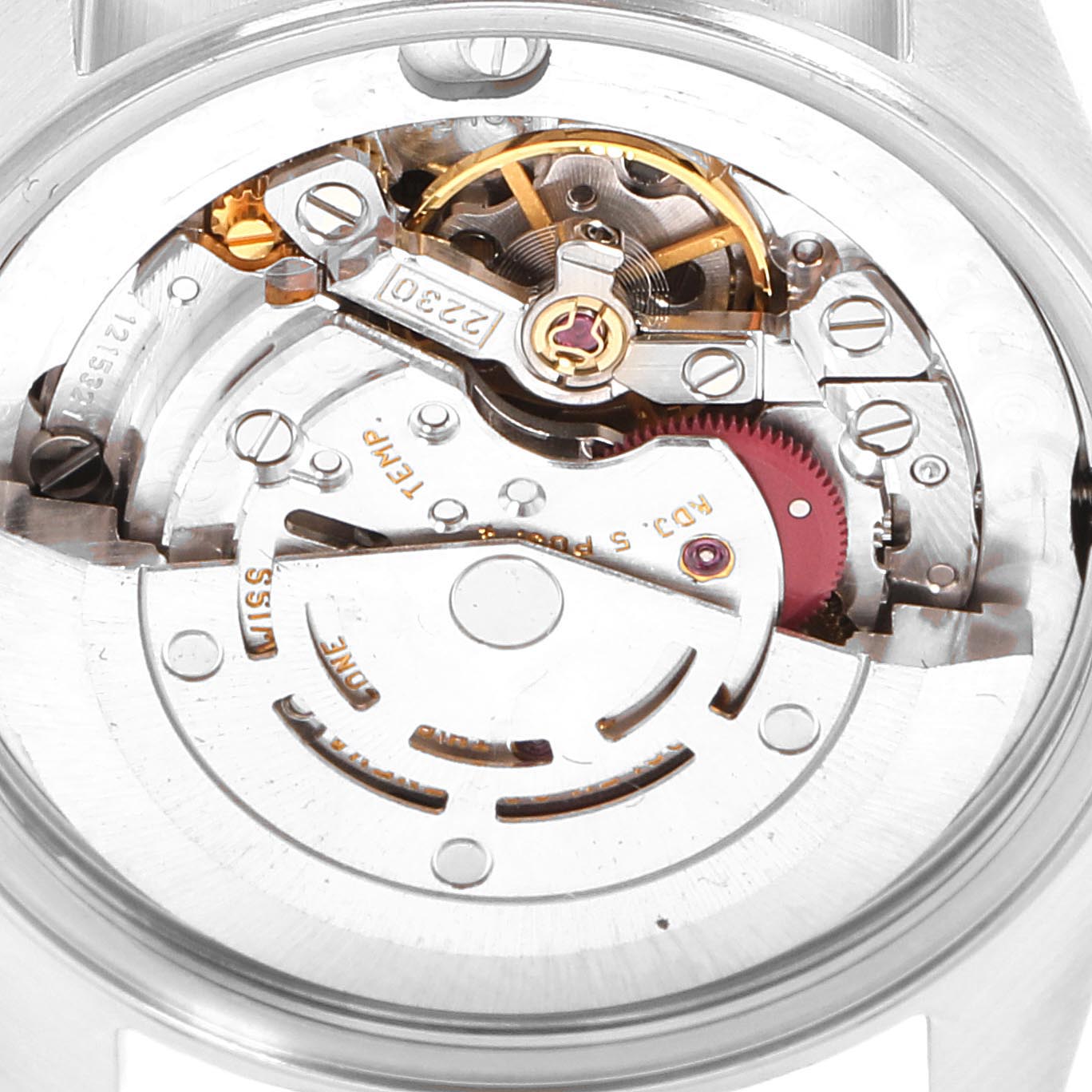 This image shows the movement mechanism of a Rolex Mid-Size 77080 Women's Stainless Steel Black Dial 77080 Women's Stainless Steel Black Dial model watch from a top-down angle.