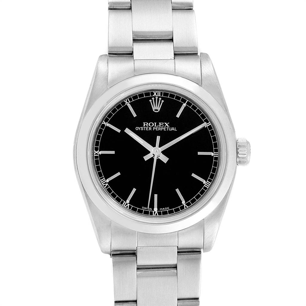 This image shows a front view of the Rolex Oyster Perpetual Mid-Size watch, displaying its stainless steel case, bracelet, and black dial.