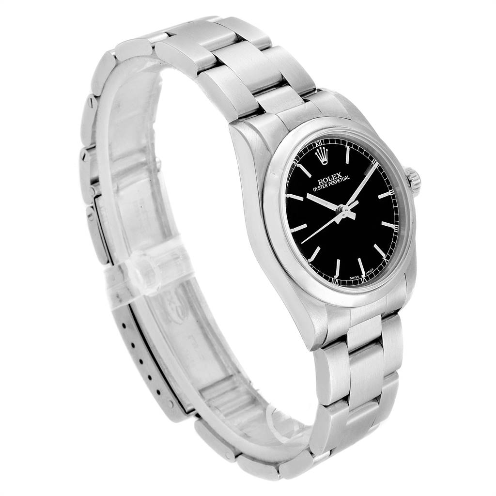 This image shows a side angle of a Rolex Mid-Size 77080 Women's Stainless Steel Black Dial 77080 Women's Stainless Steel Black Dial model watch, highlighting its black dial, stainless steel case, and bracelet.