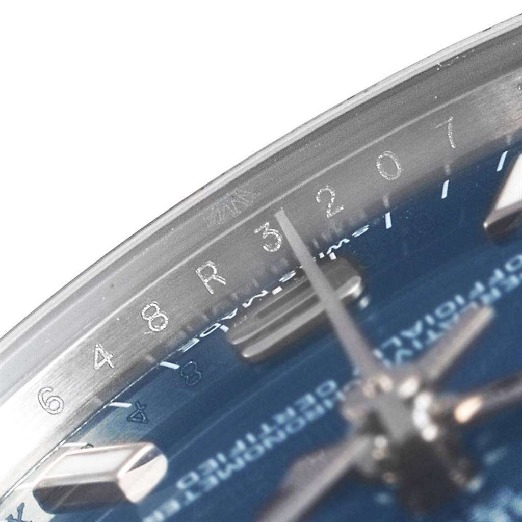 This close-up image shows the dial and part of the bezel of a Rolex Mid-Size 177200 Women's Stainless Steel Blue Dial 177200 Women's Stainless Steel Blue Dial model watch.
