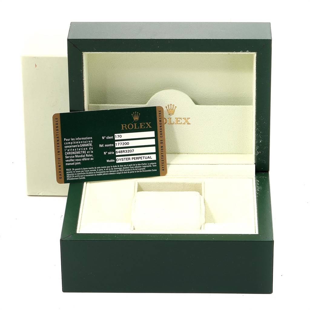 The image shows a Rolex watch box for a Mid-Size model and an authentication card with model number 177200.