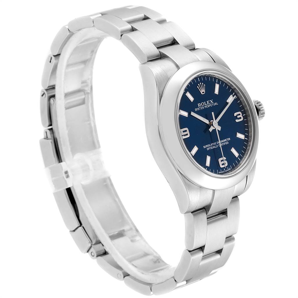 The image shows a side view of the Rolex Mid-Size 177200 Women's Stainless Steel Blue Dial 177200 Women's Stainless Steel Blue Dial watch highlighting its bracelet and blue dial.