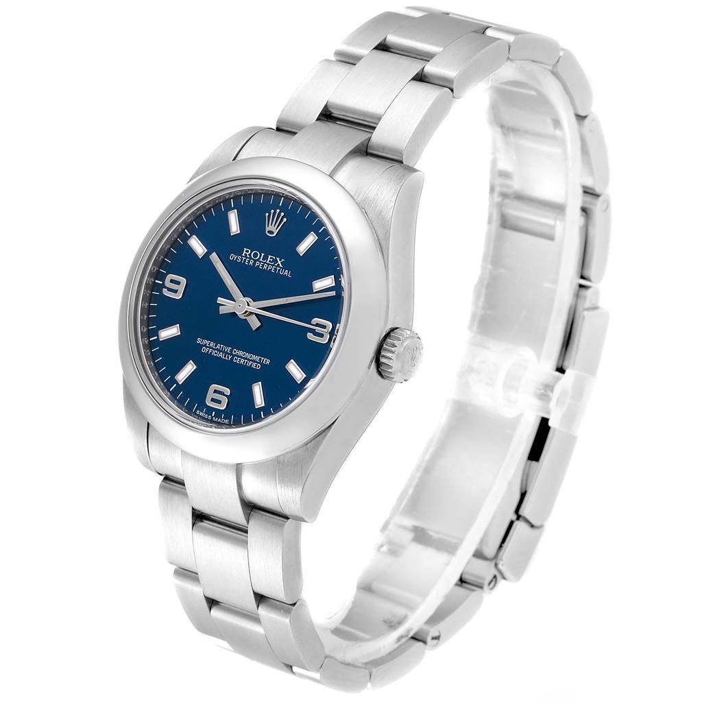 This image shows a mid-size Rolex Oyster Perpetual watch, featuring its blue dial, case, crown, and stainless steel bracelet.