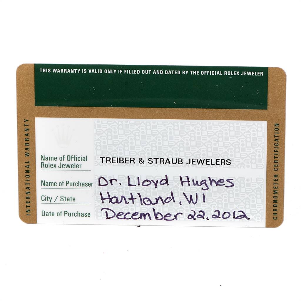 This image shows a warranty card for a Mid-Size Rolex watch from Treiber & Straub Jewelers, purchased on December 22, 2012.