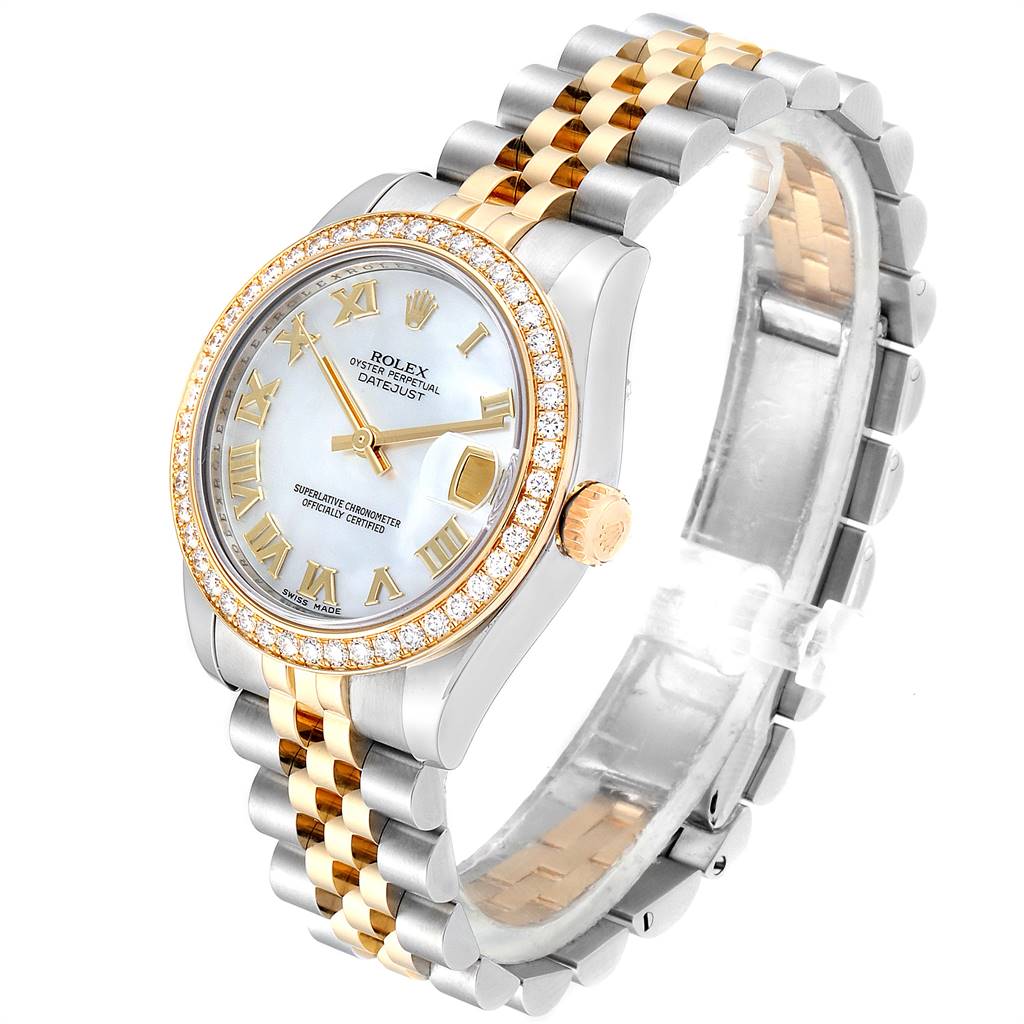 This image shows a Rolex Mid-Size 178383 Women's Steel and Gold (two tone) Mother of Pearl Dial 178383 Women's Steel and Gold (two tone) Mother of Pearl Dial Datejust watch from an angled view highlighting its dial, bezel, and bracelet.