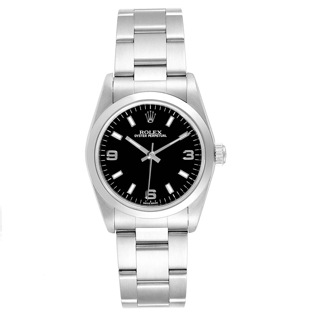 The image shows a front view of a Rolex Oyster Perpetual Mid-Size watch with a black dial and stainless steel bracelet.