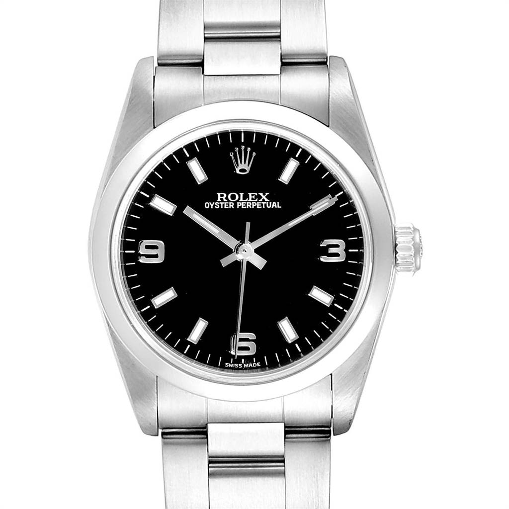 This image shows a Rolex Mid-Size 77080 Women
s Stainless Steel Black Dial 77080 Women
s Stainless Steel Black Dial Oyster Perpetual watch viewed from the front.