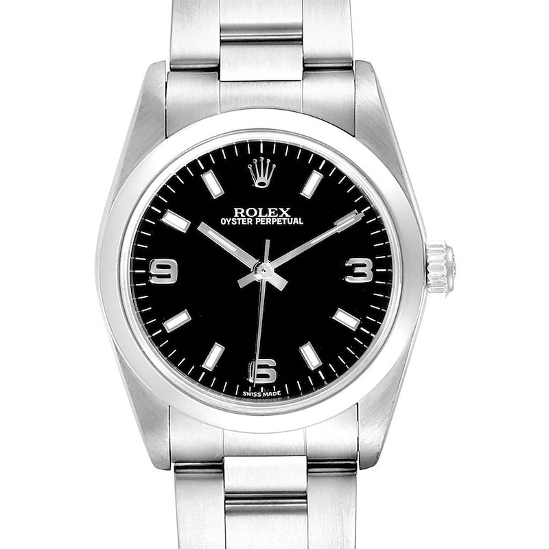 Rolex Midsize 31 Black Dial Oyster Bracelet Steel Ladies Watch 77080 SwissWatchExpo