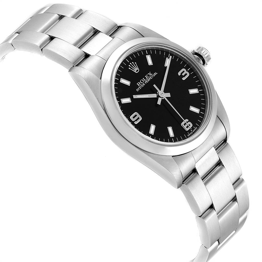 This image shows a Mid-Size Rolex Oyster Perpetual watch angled slightly from the side, highlighting the watch face and metal band.