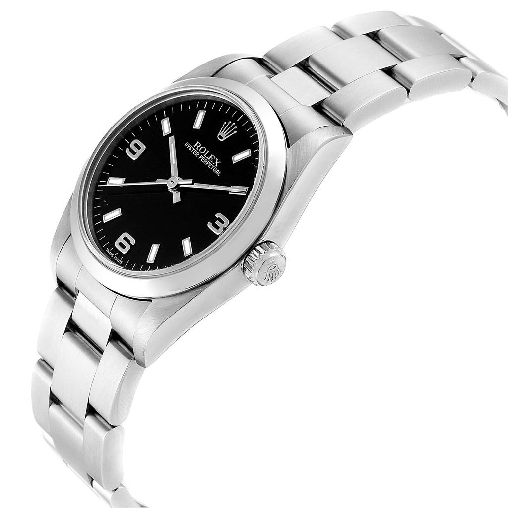 This image shows a Rolex Mid-Size 77080 Women
s Stainless Steel Black Dial 77080 Women
s Stainless Steel Black Dial model watch at a slight angle, highlighting the case, bezel, dial, crown, and bracelet.