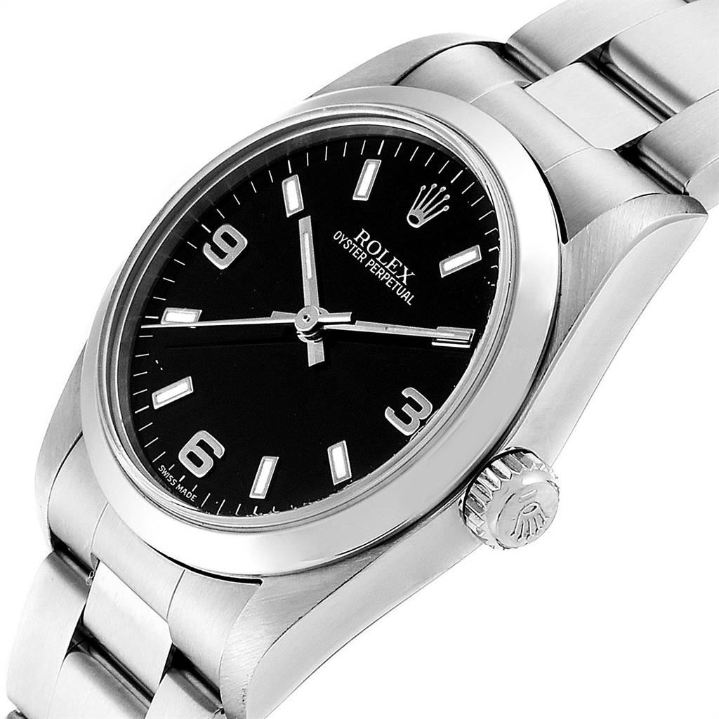 This Mid-Size Rolex watch is shown at a side angle, displaying the black dial, bezel, crown, and part of the bracelet.