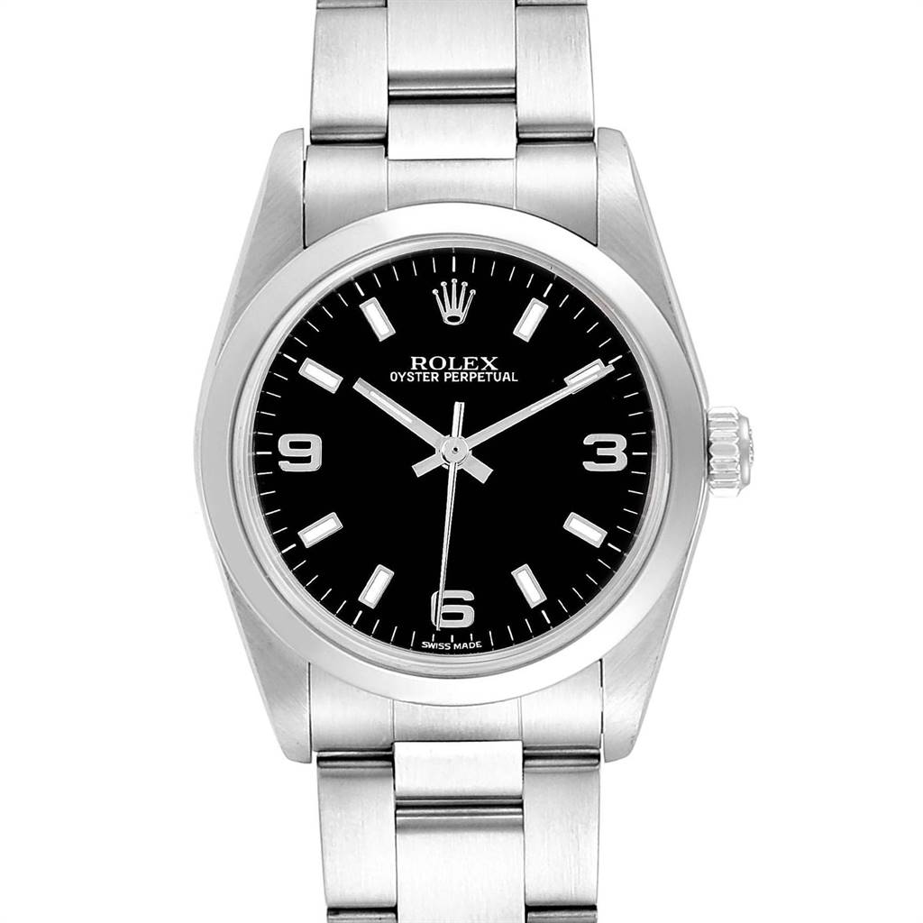 The image shows a front-facing view of a mid-size Rolex Oyster Perpetual watch with a black dial and stainless steel bracelet.
