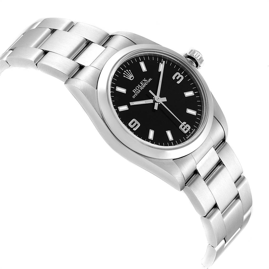 The Mid-Size Rolex watch is shown at a slight angle, displaying its face, bezel, crown, and part of the bracelet.