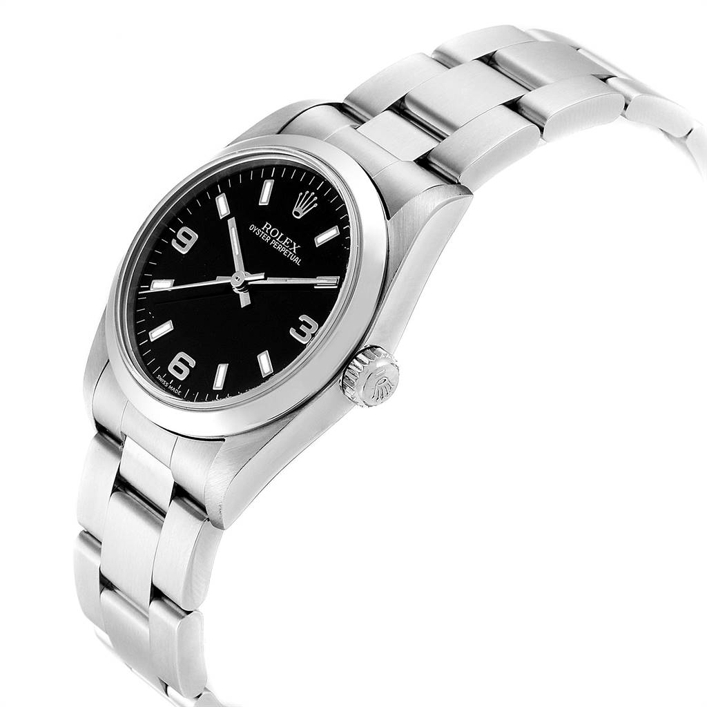 The image shows a Mid-Size Rolex Oyster Perpetual watch angled slightly from the side, displaying the dial, bezel, crown, and bracelet.