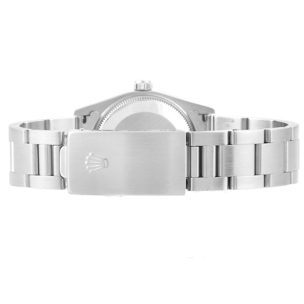 This image shows the back view of a mid-size Rolex watch, focusing on the clasp and bracelet.