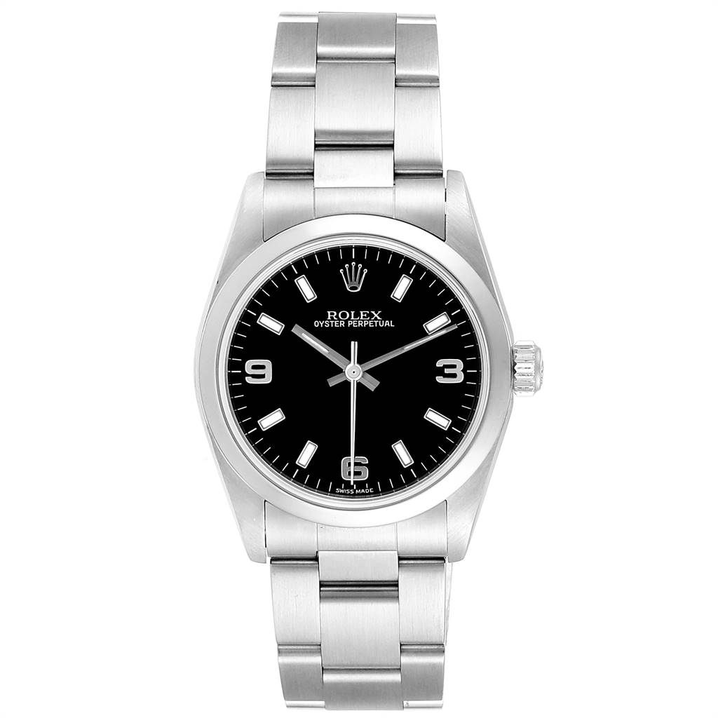 The image shows a front view of a Mid-Size Rolex Oyster Perpetual watch with a black dial and silver bracelet.