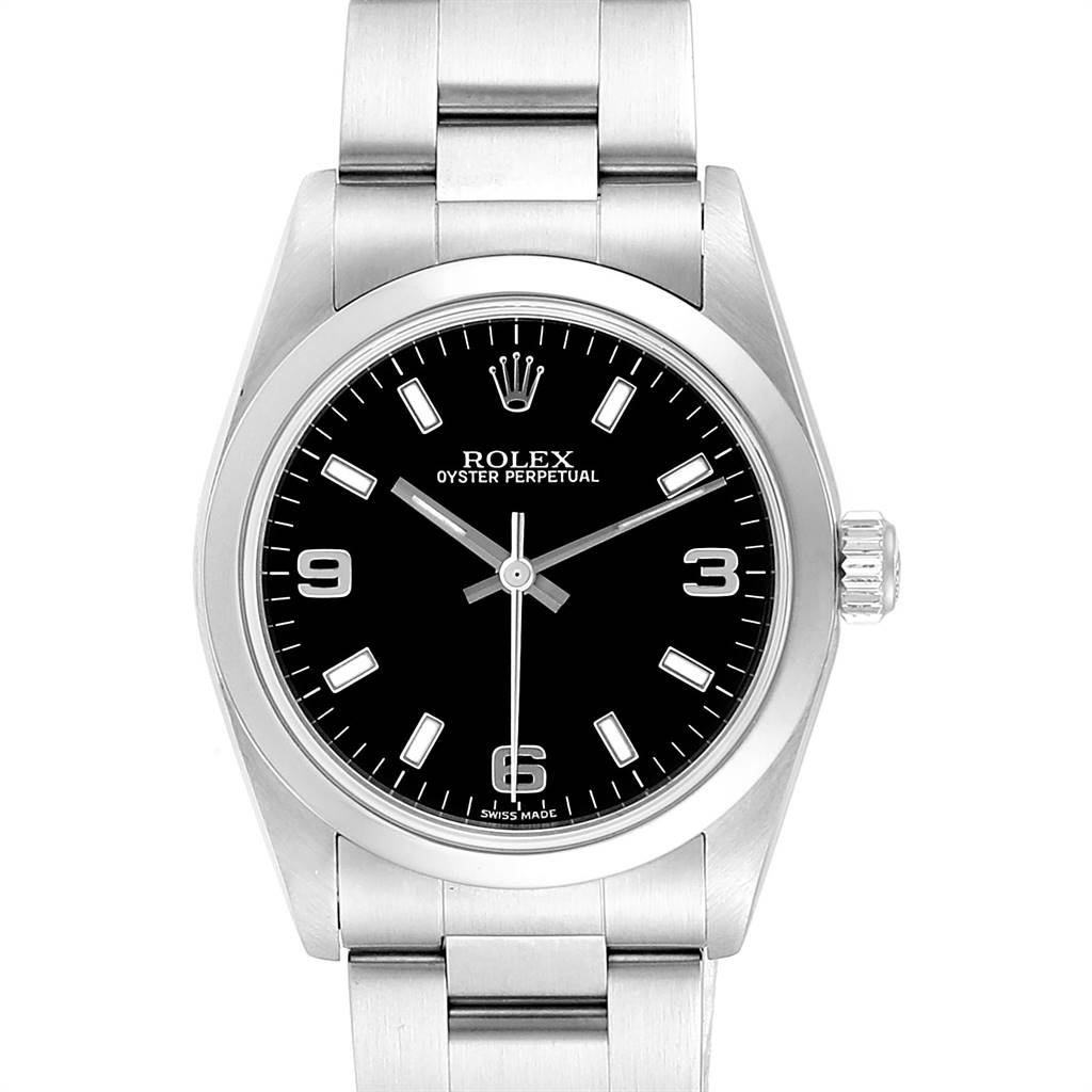 A front view of a Rolex Mid-Size 77080 Women's Stainless Steel Black Dial 77080 Women's Stainless Steel Black Dial Oyster Perpetual watch, showing the dial, hands, crown, and part of the bracelet.