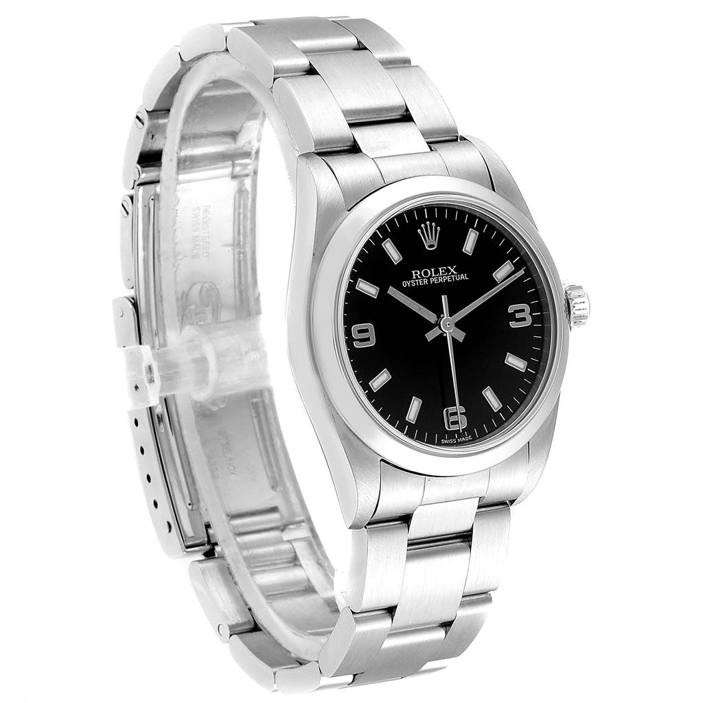 The Rolex Mid-Size 77080 Women's Stainless Steel Black Dial 77080 Women's Stainless Steel Black Dial model is shown at a slight angle, revealing the face, bezel, bracelet, and clasp.