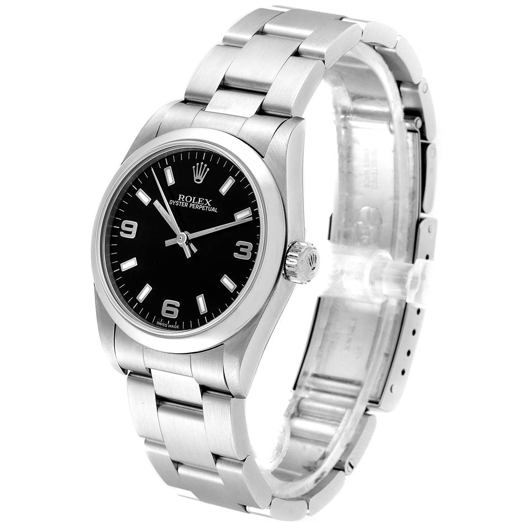 The Rolex Mid-Size 77080 Women's Stainless Steel Black Dial 77080 Women's Stainless Steel Black Dial model watch is shown at a 3 o'clock angle, highlighting the bracelet, case, and crown.