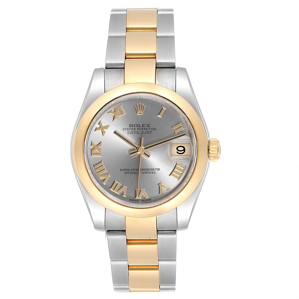 The image shows a front view of a Rolex Datejust Mid-Size model displaying its dial, bracelet, and bezel.