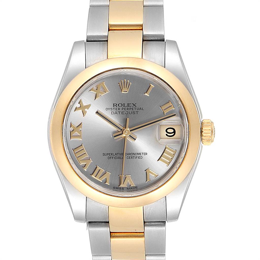 This image shows a front view of a Rolex Mid-Size 178243 Women's Stainless Steel Grey Dial 178243 Women's Stainless Steel Grey Dial Datejust watch with a yellow gold and stainless steel bracelet.