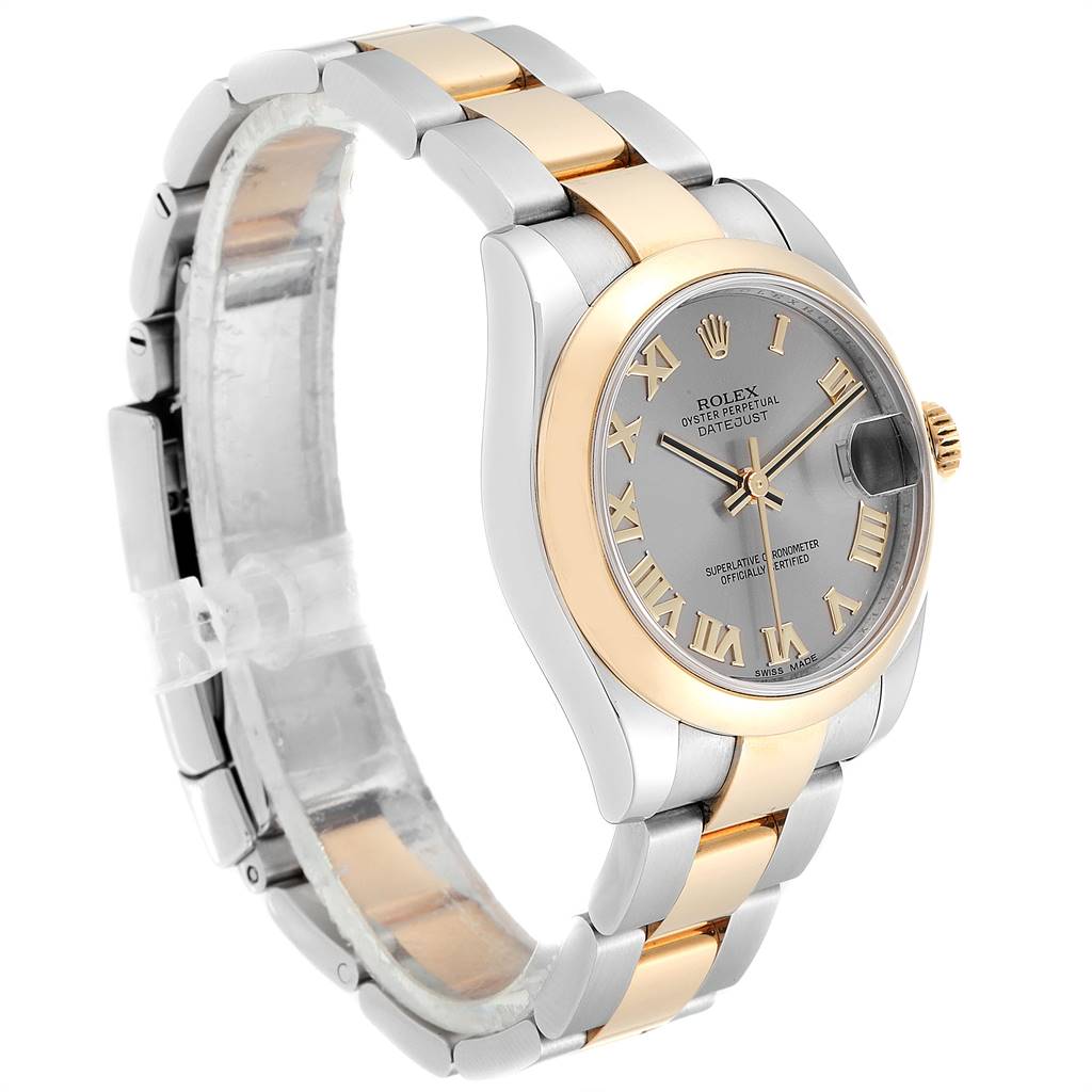 The Rolex Mid-Size 178243 Women's Stainless Steel Grey Dial 178243 Women's Stainless Steel Grey Dial model watch is shown at an angle displaying its face, band, crown, and partially open clasp.