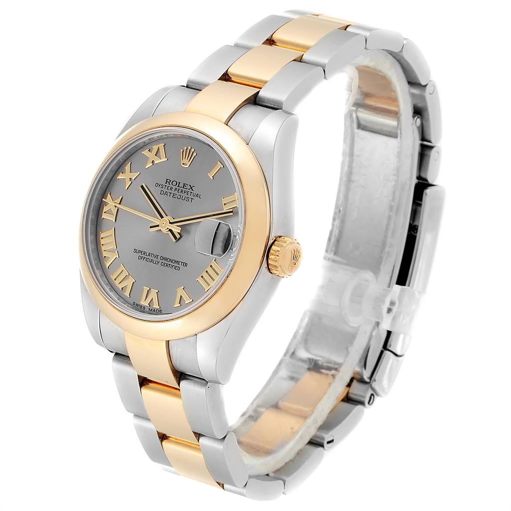 The Rolex Mid-Size 178243 Women's Stainless Steel Grey Dial 178243 Women's Stainless Steel Grey Dial watch is shown at an angled front view, highlighting its two-tone bracelet, gold bezel, and grey dial with Roman numerals.