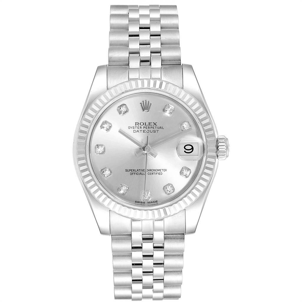 The image shows a front view of a Rolex Datejust Mid-Size watch, featuring a silver dial, fluted bezel, and Jubilee bracelet.