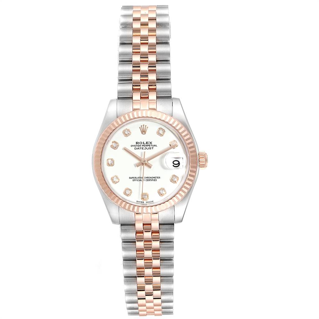 This image shows a frontal view of a Rolex Datejust Mid-Size watch featuring a two-tone bracelet, white dial, and fluted bezel.