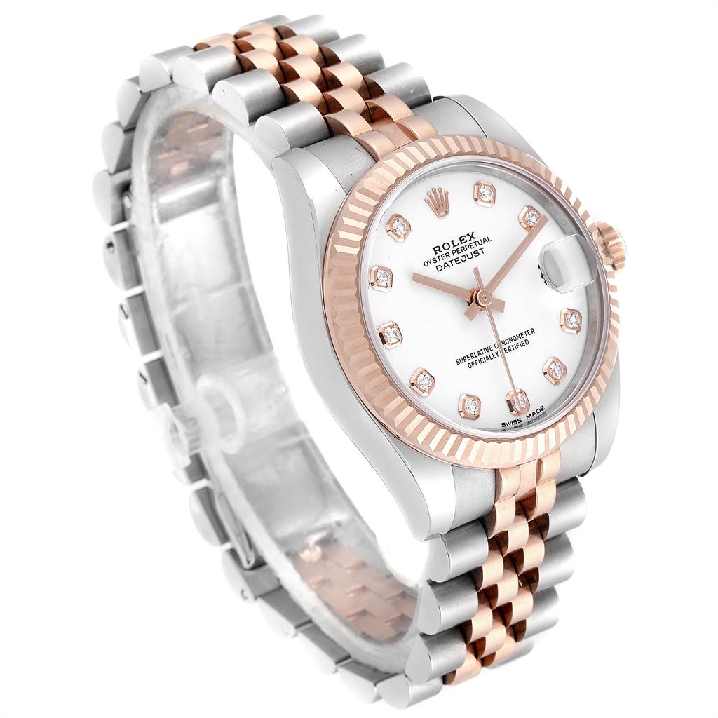 The Rolex Mid-Size 178271 Women's Steel and Gold (two tone) White Dial 178271 Women's Steel and Gold (two tone) White Dial watch is shown from an angled view highlighting its bezel, face, and two-tone bracelet.