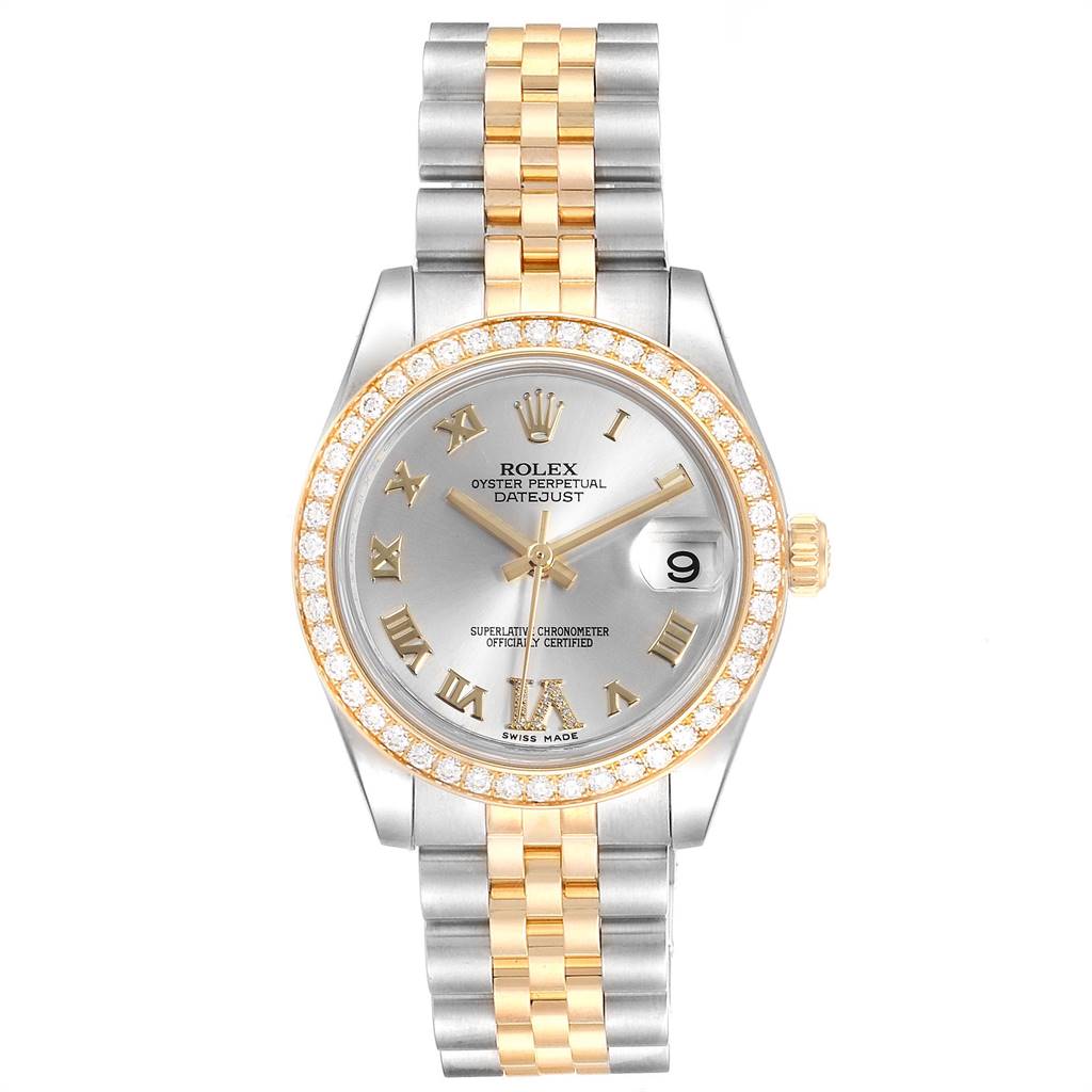 The image shows a Rolex Oyster Perpetual Datejust Mid-Size watch from a front angle, highlighting its face, bezel, and bracelet.