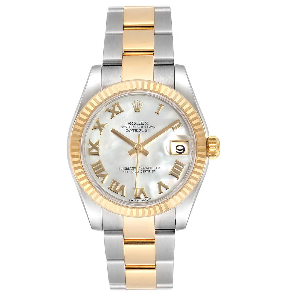 The image shows the front view of the Rolex Oyster Perpetual Datejust Mid-Size model watch, highlighting its face, bezel, and bracelet.