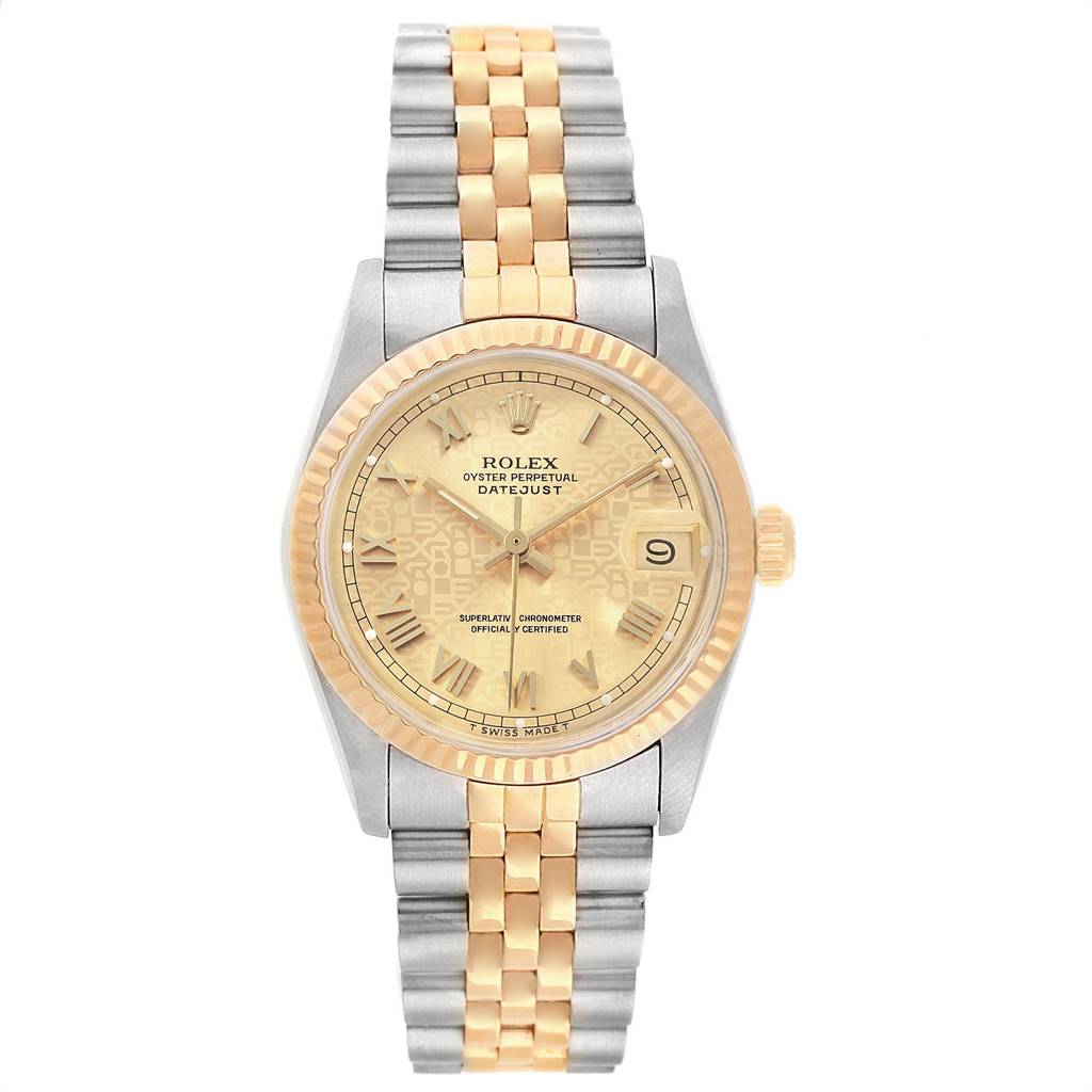 The image shows a frontal view of a Mid-Size Rolex Oyster Perpetual Datejust with a gold and silver band and a date display.